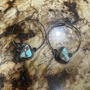 Turquoise and Silver Hoop Earrings